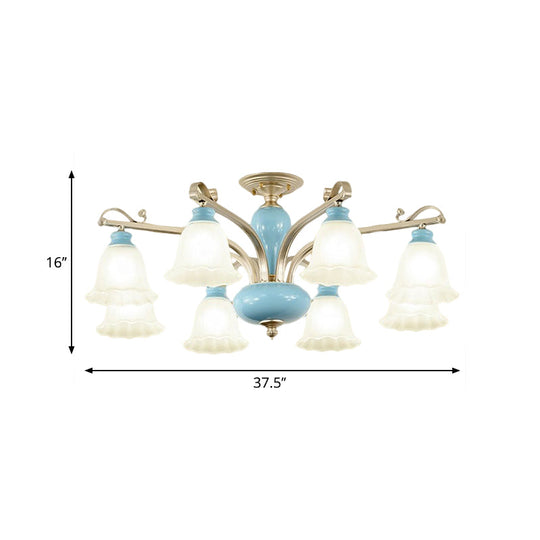 Rural Style Blue Chandelier with Cream Glass Blossom Shaped Pendant Light - 3/6/8 Bulbs