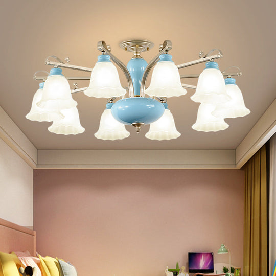 Rural Style Blue Chandelier with Cream Glass Blossom Shaped Pendant Light - 3/6/8 Bulbs