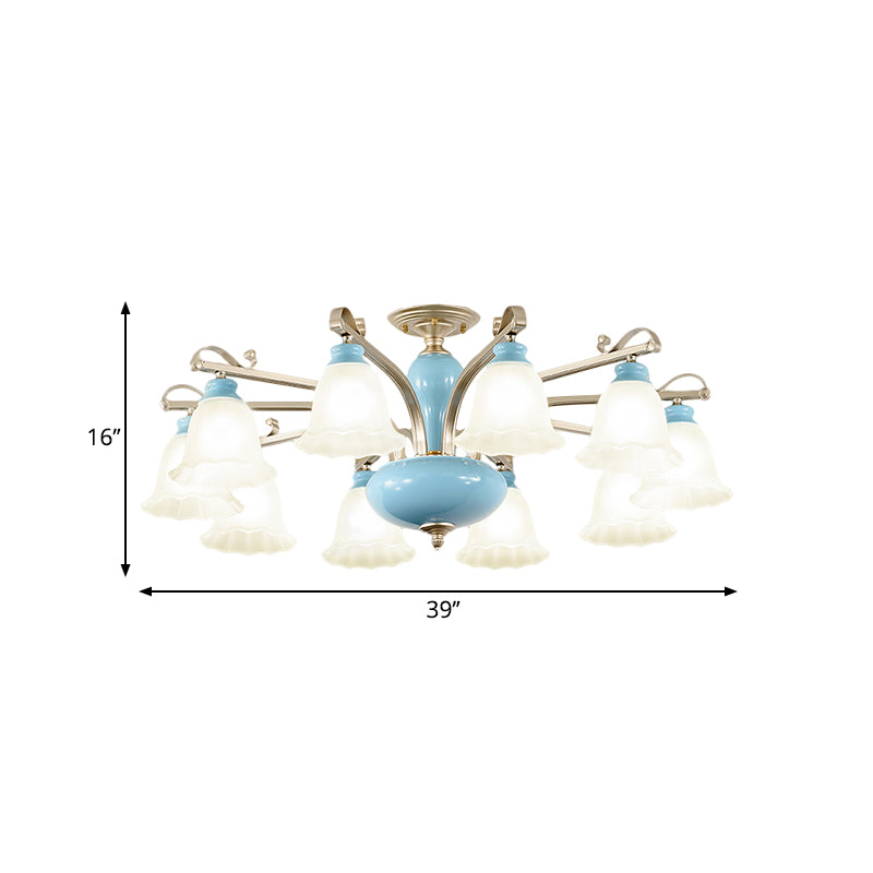 Rural Style Blue Chandelier with Cream Glass Blossom Shaped Pendant Light - 3/6/8 Bulbs