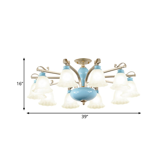 Rural Style Blue Chandelier with Cream Glass Blossom Shaped Pendant Light - 3/6/8 Bulbs