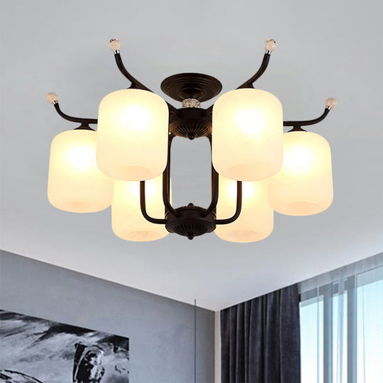 Retro Style Black Glass Chandelier with Cylindrical Cream Shade - 6/8 Heads Suspension Pendant Light for Living Room