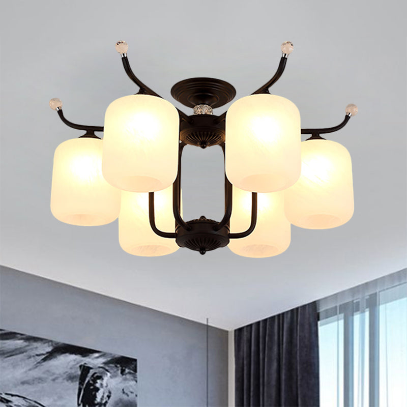 Retro Style Black Glass Chandelier With Cylindrical Cream Shade - 6/8 Heads Suspension Pendant Light