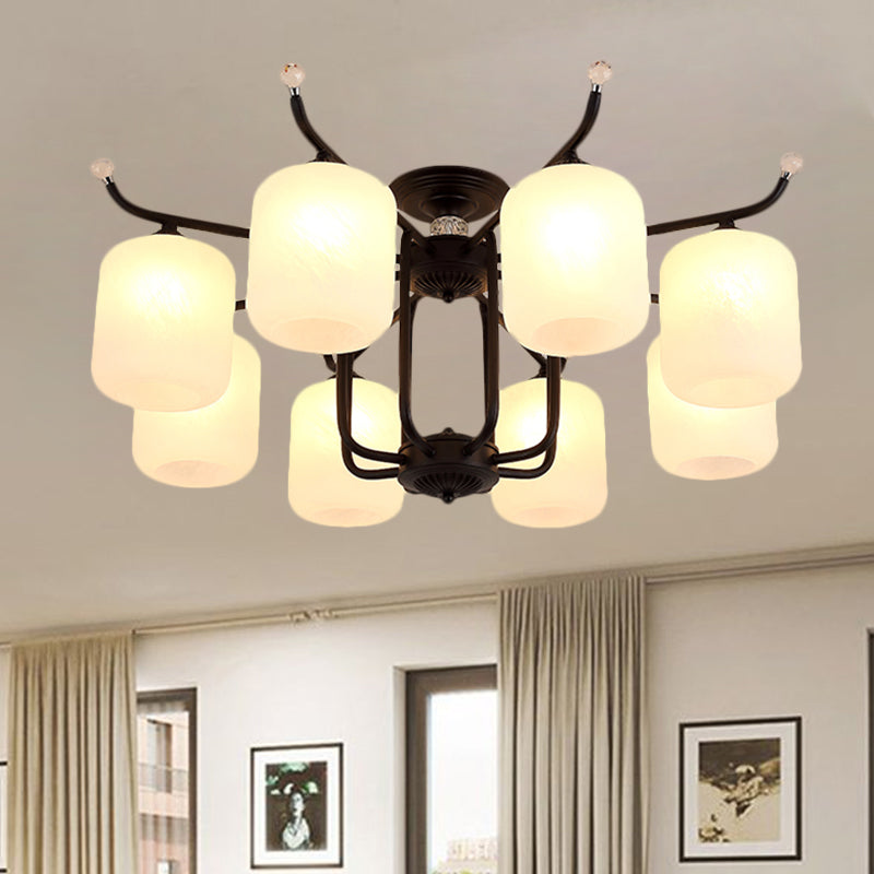 Retro Style Black Glass Chandelier with Cylindrical Cream Shade - 6/8 Heads Suspension Pendant Light for Living Room