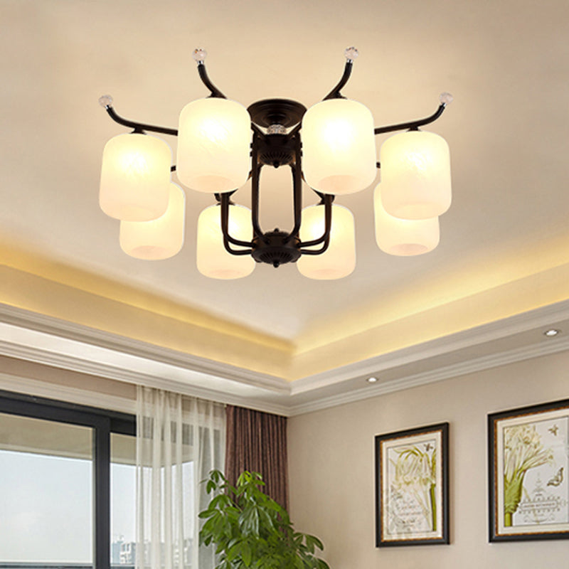 Retro Style Black Glass Chandelier with Cylindrical Cream Shade - 6/8 Heads Suspension Pendant Light for Living Room