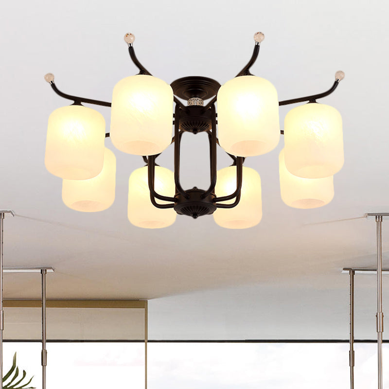 Retro Style Black Glass Chandelier with Cylindrical Cream Shade - 6/8 Heads Suspension Pendant Light for Living Room