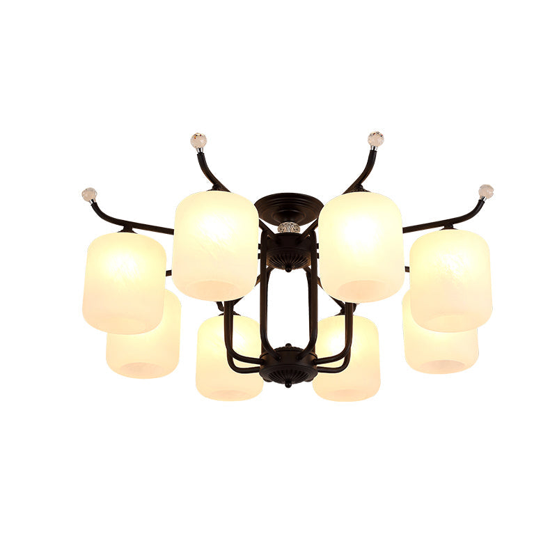 Retro Style Black Glass Chandelier with Cylindrical Cream Shade - 6/8 Heads Suspension Pendant Light for Living Room