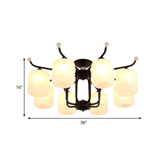 Retro Style Black Glass Chandelier with Cylindrical Cream Shade - 6/8 Heads Suspension Pendant Light for Living Room