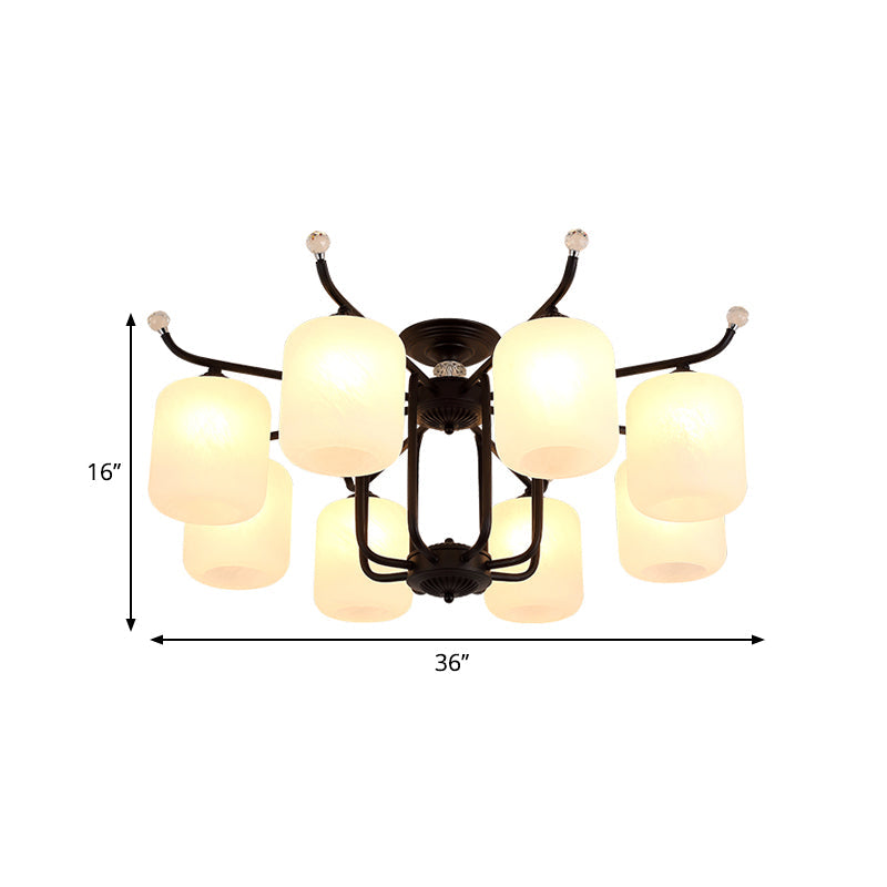 Retro Style Black Glass Chandelier With Cylindrical Cream Shade - 6/8 Heads Suspension Pendant Light