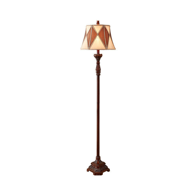 Antiqued Style Red Brown Floor Lamp With Harlequin Design And Flared Fabric Shade 1 Bulb