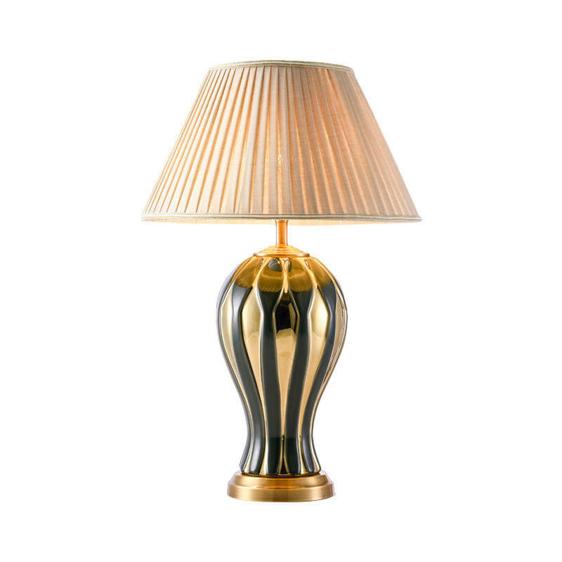 Retro Porcelain Desk Lamp With Black-Gold Vase Design Base And Conic Fabric Shade - Perfect For