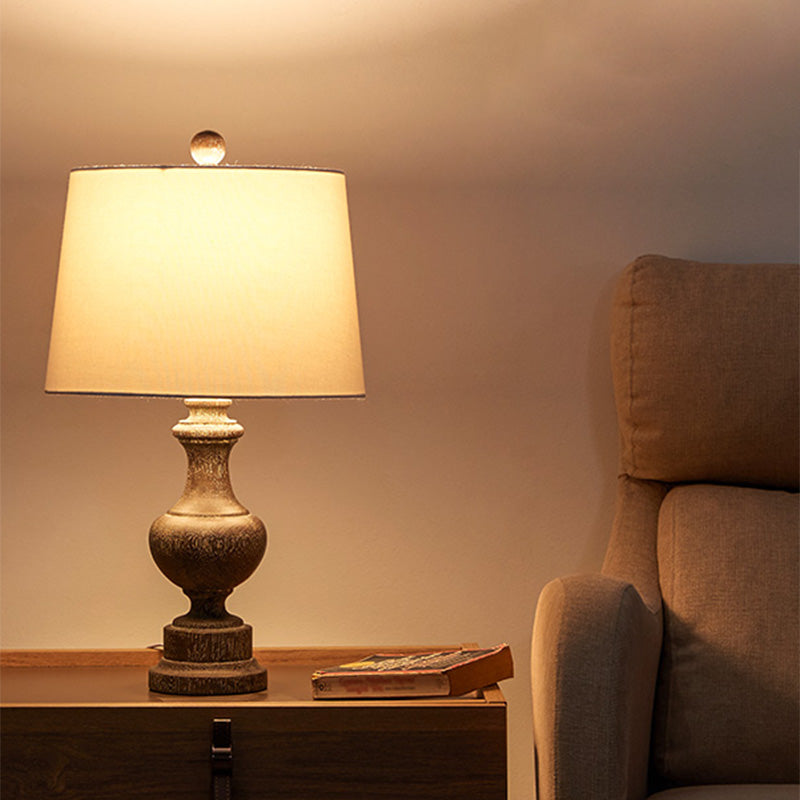 Antique Fabric Bedside Lamp With White Barrel Shade And Urn Base