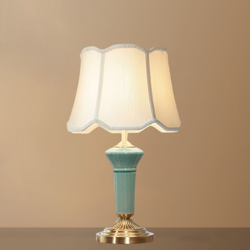 Blue Porcelain Desk Lamp With Ruffle-Edged Fabric Shade Traditional Column Base 1 Light