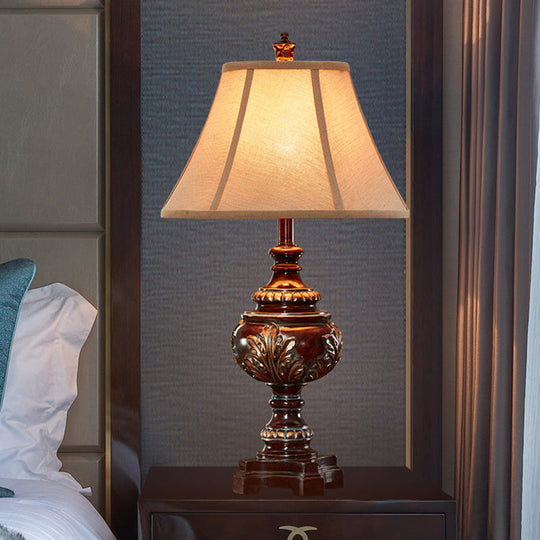 Traditional Style Brown Fabric Nightstand Lamp With Bell Shade - Ideal Bedside Desk Light