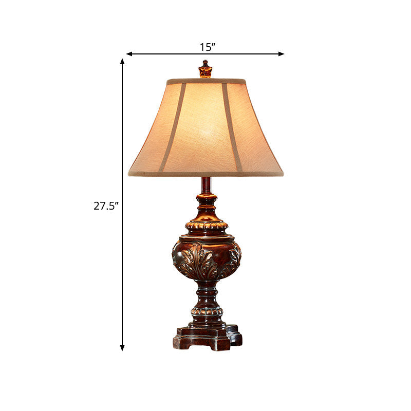 Traditional Style Brown Fabric Nightstand Lamp With Bell Shade - Ideal Bedside Desk Light