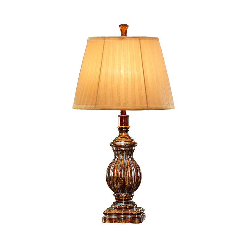 Antique Style Empire Shade Desk Light - 1 Bulb Fabric Night Table Lamp In Brown