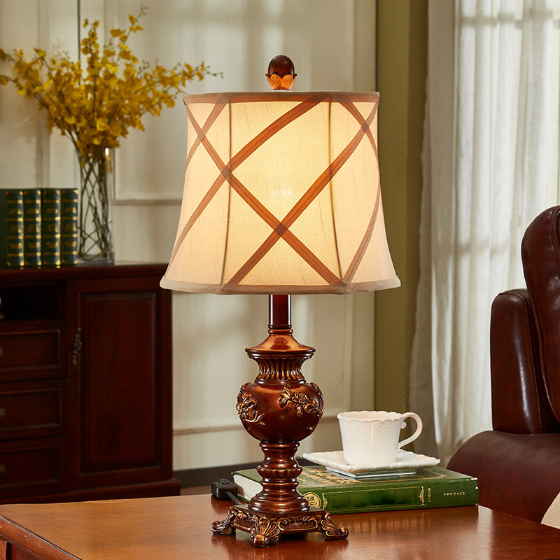 Vintage Resin Table Lamp: Brown Urn Base Desk Light With Fabric Shade