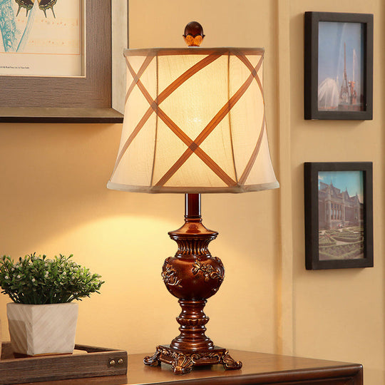 Serena - Vintage Brown Urn Base Desk Light Vintage Style Resin 1 Head Table Lamp with Fabric Shade