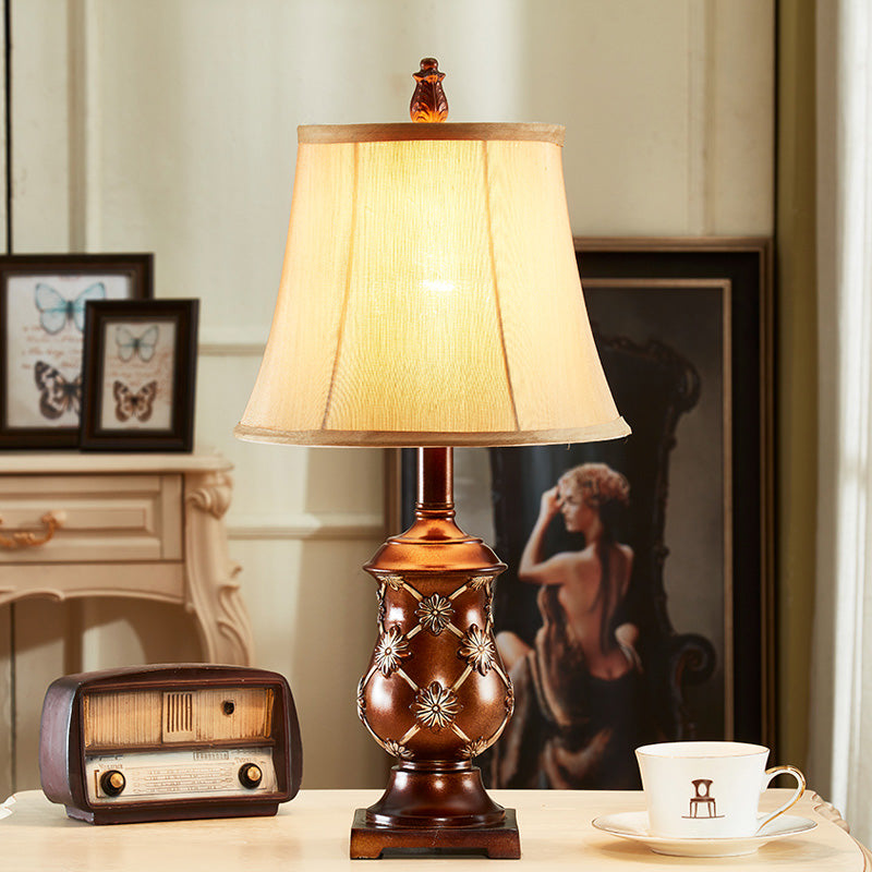 Traditional Style Brown Fabric Bell Shade Nightstand Lamp With Urn Base - 1-Bulb Desk Light