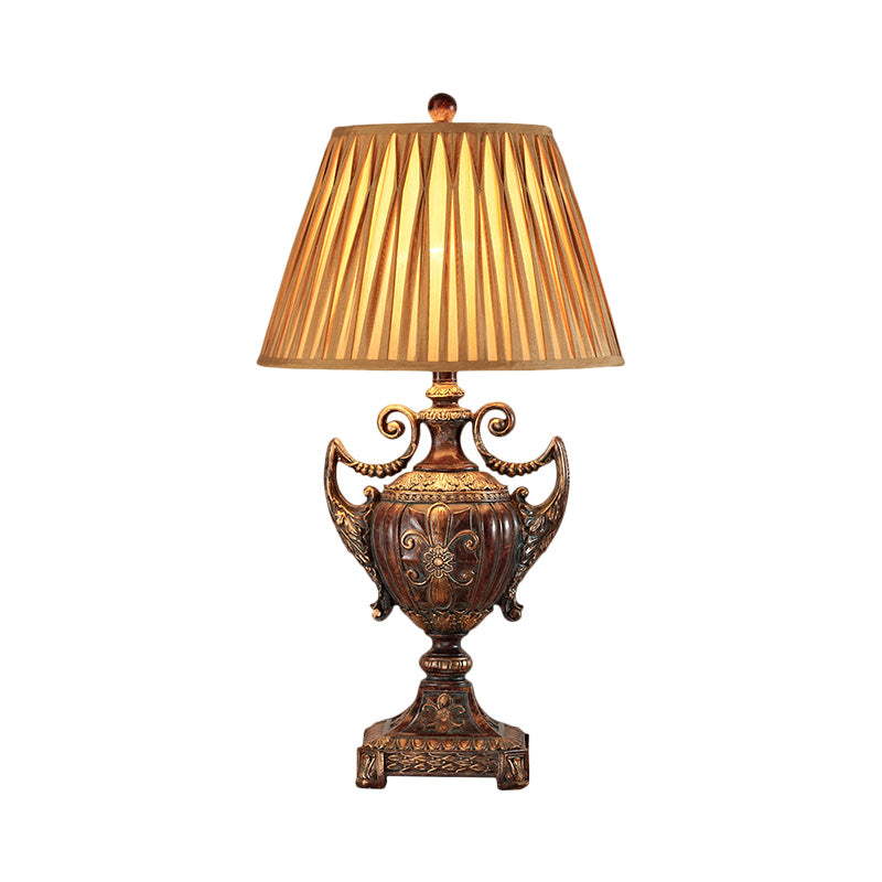 Traditional Pleated Conical Shade Table Lamp - Brown Fabric 1 Bulb Desk Light For Living Room

Note: