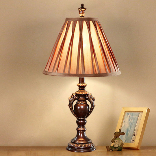 23/27 Vintage Fabric Table Lamp - Antique Brown Tone Conical Shape Living Room Nightstand Decor