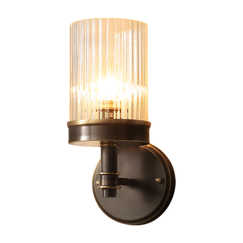 Antiqued Black Glass Wall Sconce Light Fixture With Clear Cylindrical Shade - Ideal For Bedroom