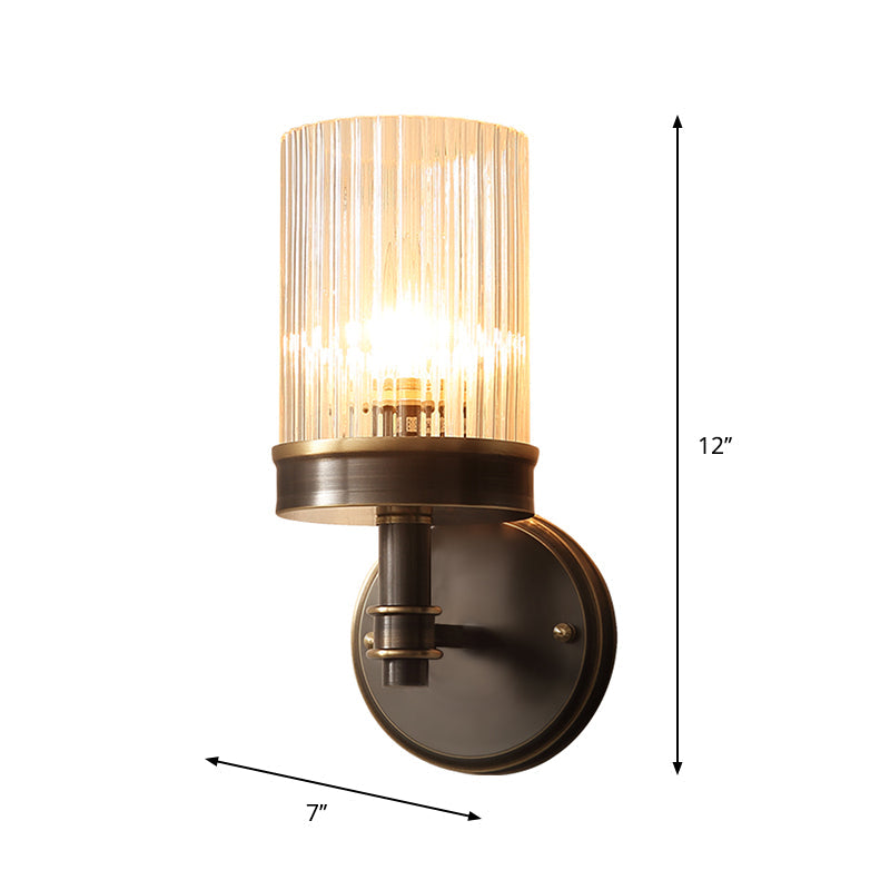 Antiqued Black Glass Wall Sconce Light Fixture With Clear Cylindrical Shade - Ideal For Bedroom