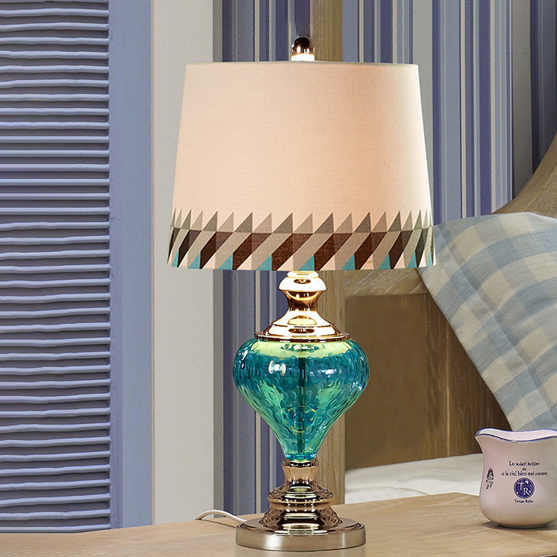 Retro Style Blue Glass Nightstand Lamp With Fabric Shade - 1 Light Bedside Table