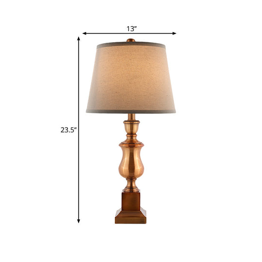 Vintage Style 1-Head Metallic Baluster Desk Lamp In Brown With Fabric Shade