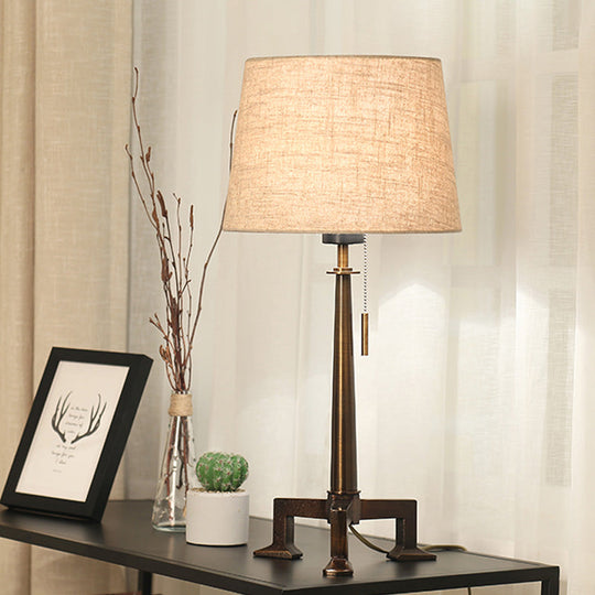 Bronze Countryside Style Table Lamp With Pull Chain And Tapered Shade