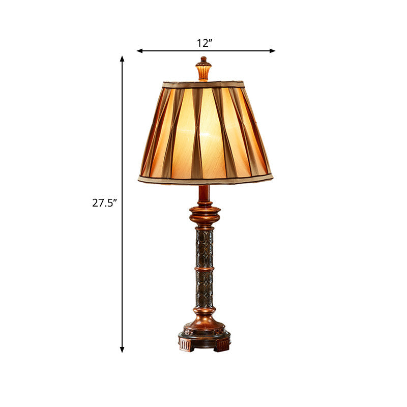 Antiqued Style Resin Night Stand Lamp With Fluted Column Base Bulb And Fabric Shade