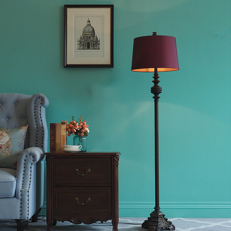 Vintage-Style Red Floor Lamp With Barrel Shade Fabric In 1 Bulb Standing Light