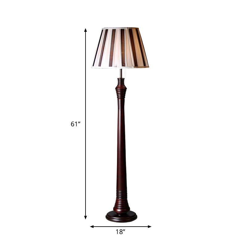 Antique Style Brown Standing Lamp - 1-Bulb Floor Light With Fabric Pleated Tapered Shade For Study