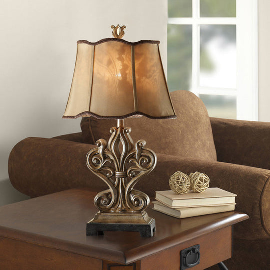 Rustic Style Table Lamp With Ruffle-Edged Shade - Brown 1 Bulb Square Pedestal Perfect For Guest