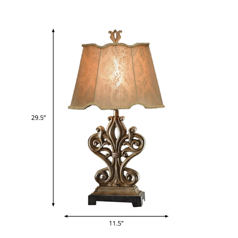 Rustic Style Table Lamp With Ruffle-Edged Shade - Brown 1 Bulb Square Pedestal Perfect For Guest