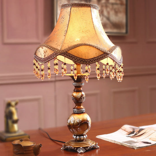 Brown Tapered Shade Table Lamp - 13/18 Height Traditional Fabric Leaf Design Ideal For Living Room