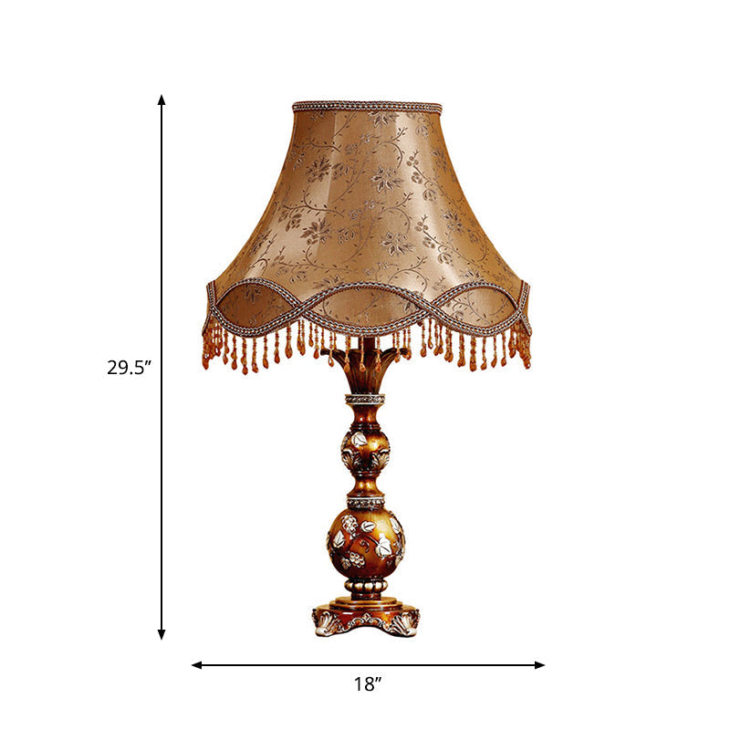 Brown Tapered Shade Table Lamp - 13/18 Height Traditional Fabric Leaf Design Ideal For Living Room