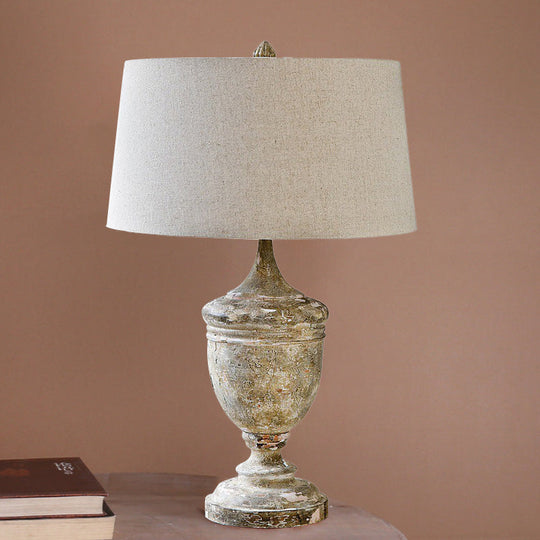 Distressed White Retro Style Desk Lamp With Fabric Shade And Urn Base