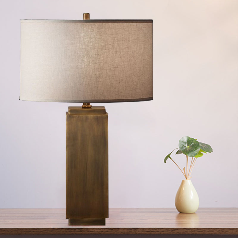 Vintage Grey/Brown Wood Night Table Lamp With Fabric Shade - Stylish 1-Light Desk Light For Living