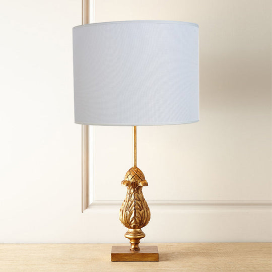 Traditional Style Wooden Desk Lamp With Gold Carvings Fabric Shade - Guest Room Nightstand Light