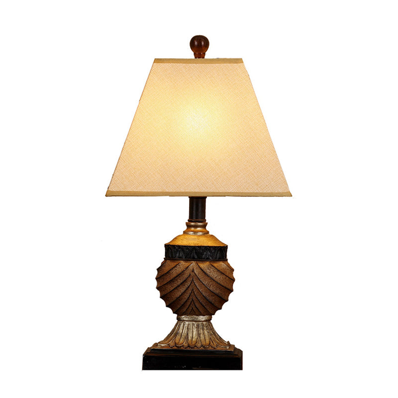 Countryside Resin Table Lamp With Urn-Shaped Base Brown Finish 1 Head And Conical Fabric Shade