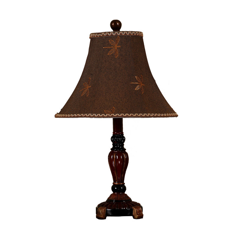 Dragonfly Pattern Desk Lamp In Red Brown With Fabric Bell Shade Rural Style Table Light