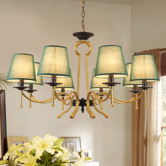 Blackish Green/Flaxen 6/8-Light Chandelier - Retro Fabric Shade With Curvy Metal Arm