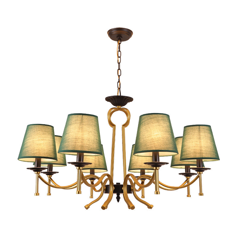 Blackish Green/Flaxen 6/8-Light Chandelier - Retro Fabric Shade With Curvy Metal Arm