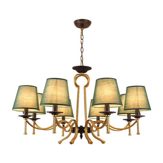 Blackish Green/Flaxen 6/8-Light Chandelier - Retro Fabric Shade With Curvy Metal Arm