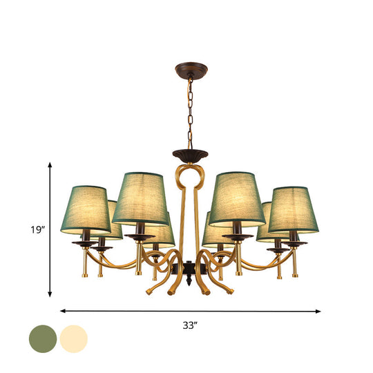 Blackish Green/Flaxen 6/8-Light Chandelier - Retro Fabric Shade With Curvy Metal Arm