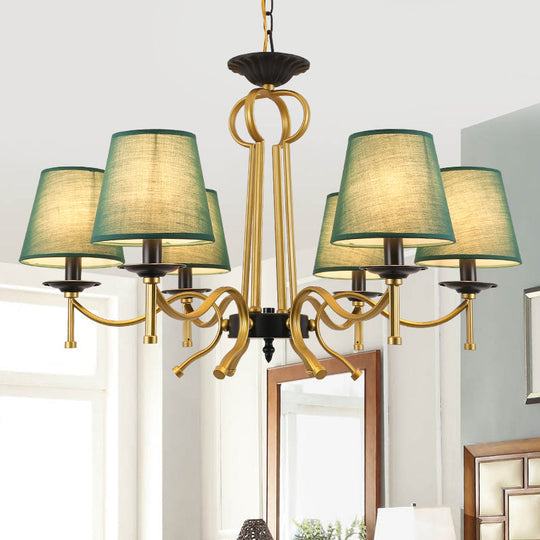 Blackish Green/Flaxen 6/8-Light Chandelier - Retro Fabric Shade With Curvy Metal Arm