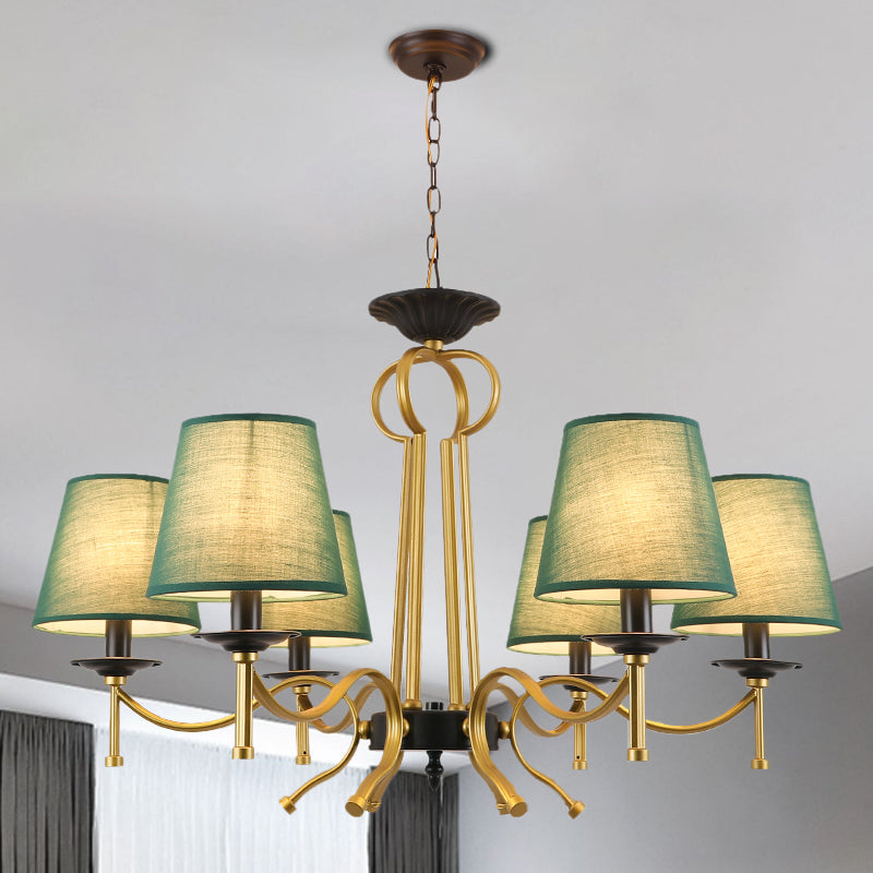 Blackish Green/Flaxen 6/8-Light Chandelier - Retro Fabric Shade With Curvy Metal Arm