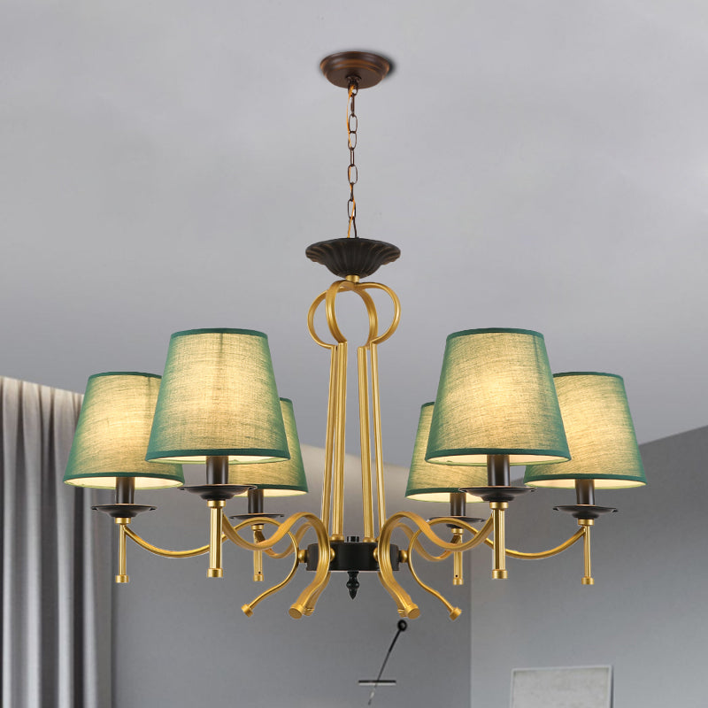 Blackish Green/Flaxen 6/8-Light Chandelier - Retro Fabric Shade With Curvy Metal Arm