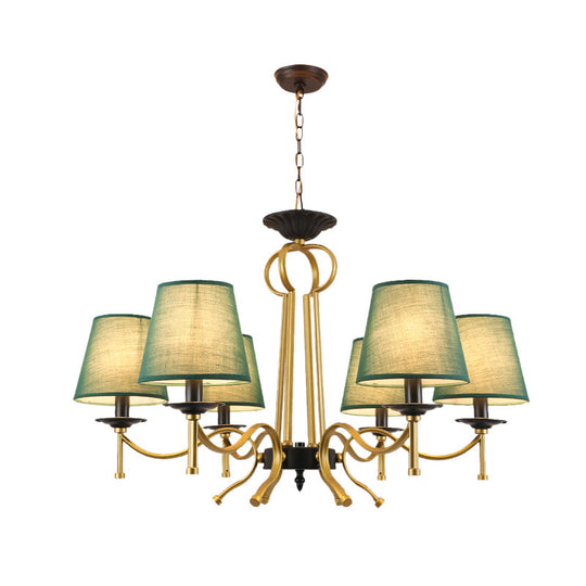 Blackish Green/Flaxen 6/8-Light Chandelier - Retro Fabric Shade With Curvy Metal Arm