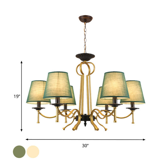 Blackish Green/Flaxen 6/8-Light Chandelier - Retro Fabric Shade With Curvy Metal Arm